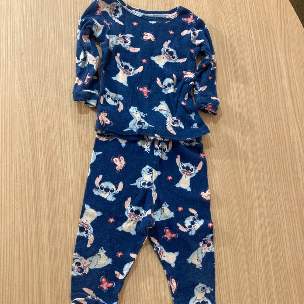 Disney Stitch Pajama Set 12 Months Long Sleeve and Pants Dark Blue Butterflies